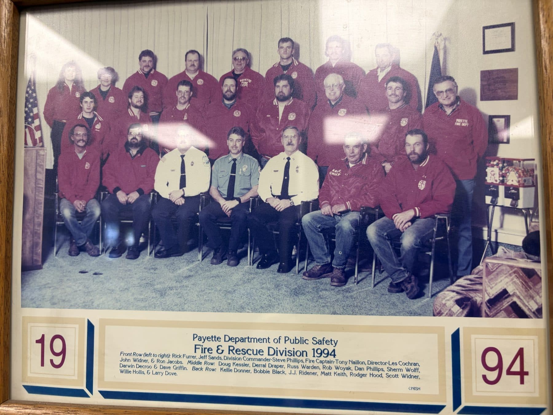 Payette Department of Public Safety Fire & Rescue Division 1994 crew photo in red jackets