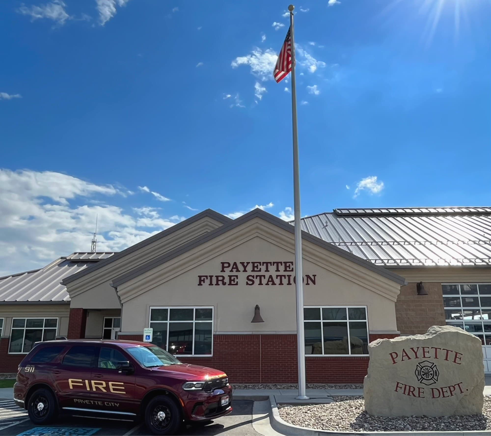 The Payette Fire Station with the American flag flying out front